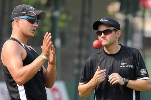 New Zealand cricketer Neil Wagner (left) and coach Mike Hesson (right) in Colombo, Sri Lanka on November 22, 2012