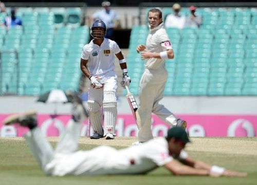 Sri Lankan batsman Dinesh Chandimal looks on after playing a shot on the fourth day on January 6, 2013