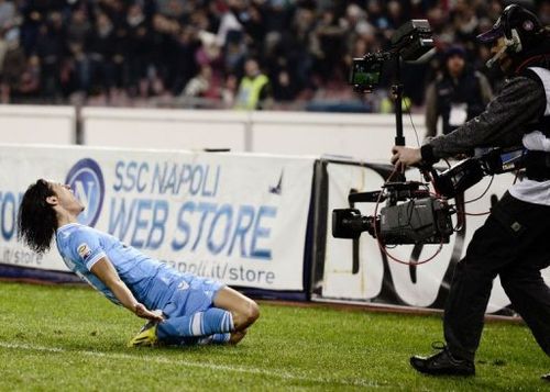 SSC Napoli's Edinson Cavani celebrates after scoring in Naples on January 6, 2013