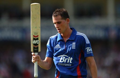 England batsman Alex Hales leaves the field during a Twenty20 match against the West Indies in England on June 24, 2012