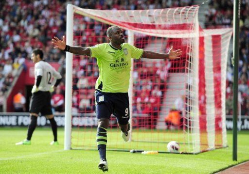 Darren Bent celebrates scoring for Aston Villa against Southampton in Southampton, England on September 22, 2012