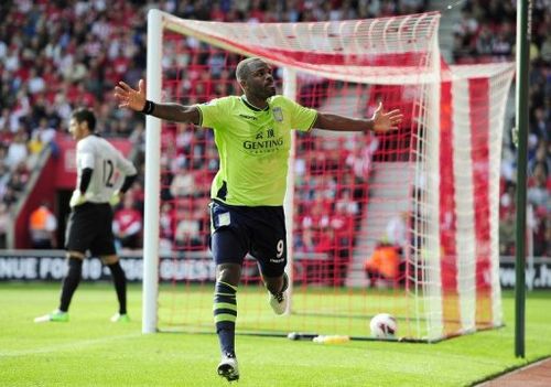 Darren Bent celebrates scoring for Aston Villa against Southampton in Southampton, England on September 22, 2012