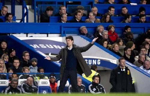 Swansea City manager Michael Laudrup gestures during the League Cup semi-final at Chelsea on January 9, 2013