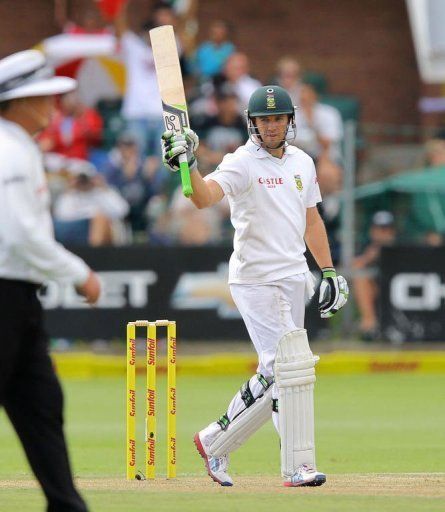 AB de Villiers of South Africa celebrates his 50 runs in Port Elizabeth on January 11, 2013