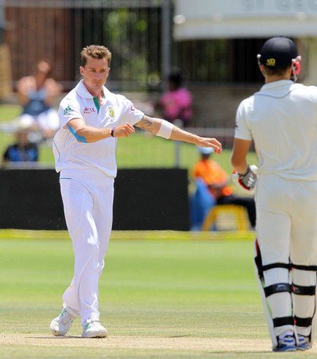South Africa&#039;s Dale Steyn (left) celebrates his team&#039;s victory over New Zealand in Port Elizabeth on January 14, 2013