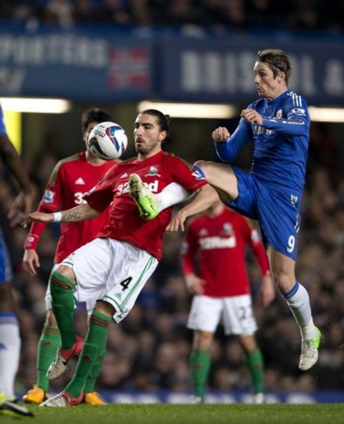 Swansea City's Spanish defender Chico Flores gets ahead of Chelsea striker Fernando Torres on January 9, 2013