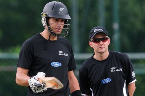 Former New Zealand captain Ross Taylor (L) and coach Mike Hesson pictured in Sri Lanka on October 31, 2012