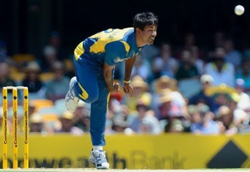 Sri Lanka's Nuwan Kulasekara bowls during their during their ODI against Australia in Brisbane on January 18, 2013