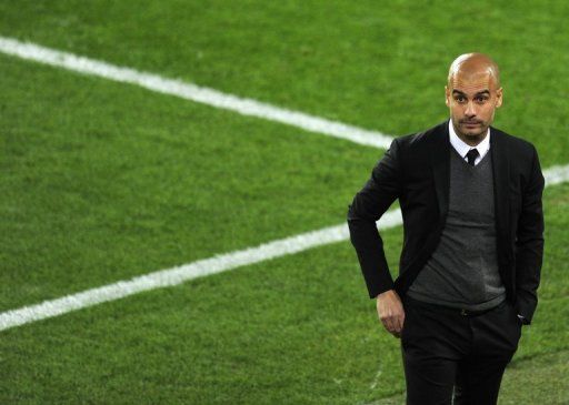 Pep Guardiola watches Barcelona&#039;s Champions League semi-final second leg against Chelsea at  Camp Nou on April 24, 2012