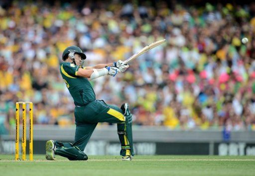 Australia&#039;s Mitchell Starc plays a stroke during their fourth ODI against Sri Lanka, in Sydney, on January 20, 2013