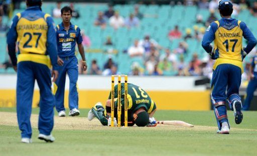 David Warner falls to the ground after being hit by a delivery from Nuwan Kulasekara, in Sydney, on January 20, 2013