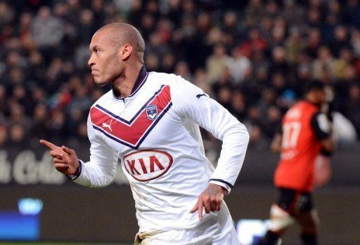 Bordeaux&#039;s Yoan Gouffran celebrates scoring on January 12, 2013, at the Route de Lorient stadium in Rennes