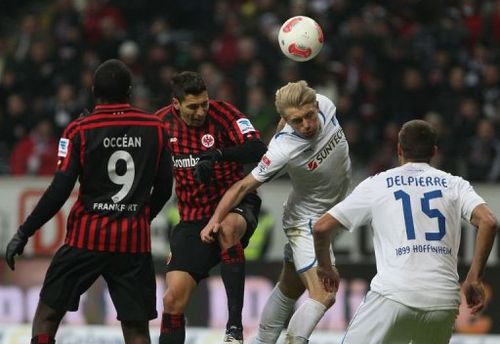 L-R: Frankfurt's Olivier Occean and Karim Matmour vie with Hoffenheim's Andreas Beck and Matthieu Delpierre