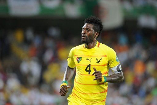 Togo forward Emmanuel Adebayor celebrates after scoring a goal in Rustenburg on January 26, 2013