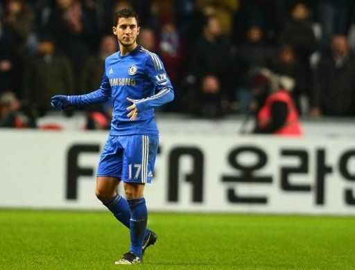 Chelsea&#039;s Belgian midfielder Eden Hazard is sent off at The Liberty stadium Cardiff, south Wales on January 23, 2013