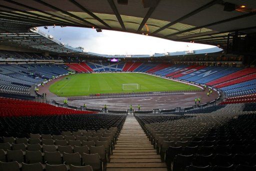 View of the Hampden Park pitch in Glasgow, Scotland on September 11, 2012