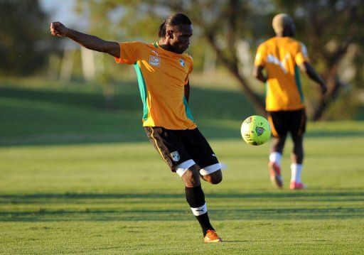 Ivory Coast national football team forward Didier Drogba trains in Rustenburg on January 24, 2013