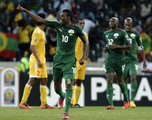 Burkina Faso forward Alain Traore celebrates after scoring a goal against Ethiopia on January 25, 2013