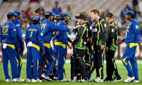 Australian and Sri Lankan players confront each other after the final ball in their Twenty20 match on January 28, 2013