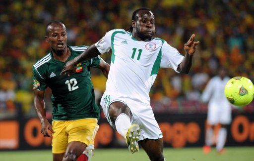 Nigeria&#039;s Victor Moses (R) and Ethiopia&#039;s Biyadiglign Eliase during their Africa Cup match on January 29, 2013