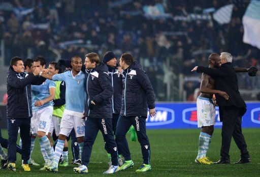 Lazio players celebrate on January 29, 2013 in Rome