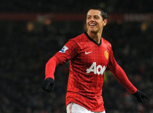 Manchester United forward Javier Hernandez celebrates scoring against Fulham on January 26, 2013