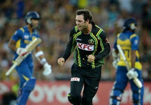 Glenn Maxwell celebrates taking the wicket of Dinesh Chandimal, in Sydney, on January 26, 2013