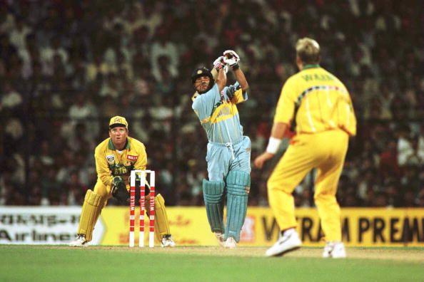 27 Feb 1996:  Sachin Tendulkar of India plays a shot off the bowling of Shane Warne of Australia during the Cricket World Cup match between Australia and India in Bombay, India. 