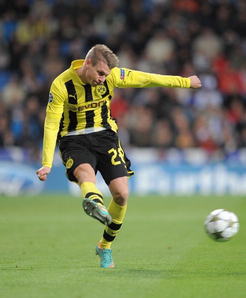 Lukasz Piszczek of Borussia Dortmund in action during the UEFA Champions League Group D match between Real Madrid and Borussia Dortmund at Estadio Santiago Bernabeu on November 6, 2012 in Madrid, Spain.