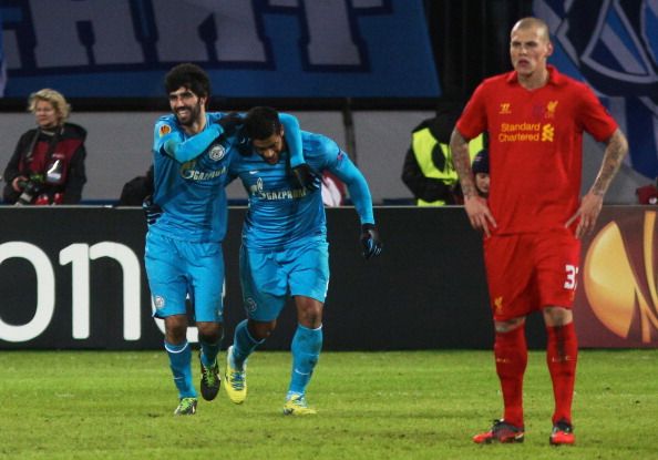 ST. PETERSBURG, RUSSIA - FEBRUARY 14: Hulk of FC Zenit celebrates a goal against Liverpool FC during UEFA Europa League Round of 32 first leg match between FC Zenit St Petersburg and Liverpool at the &#039;Petrovski&#039; stadium on February 14, 2013 in St. Petersburg, Russia. 