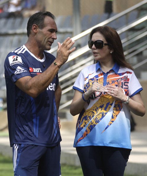 Nita Ambani (R), Mumbai Indians owner, talks with Mumbai Indians mentor Mike Horn during a practice session at Wankhede stadium. As to what she is enlightning him on is a million dollar question.