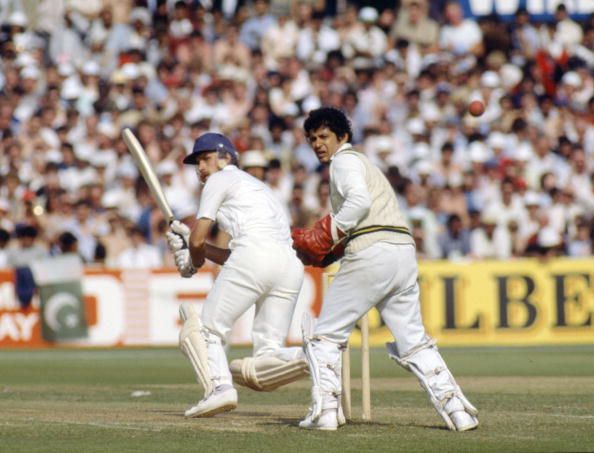 BT Sport. Cricket. pic: 18th June 1983. World Cup at Old Trafford. England beat Pakistan by 7 wickets. England&#039;s Chris Tavare batting with Pakistan wicket-keeper Wasim Bari watching.