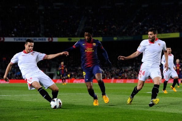 Alberto Botia (extreme right) in action verses Barcelona