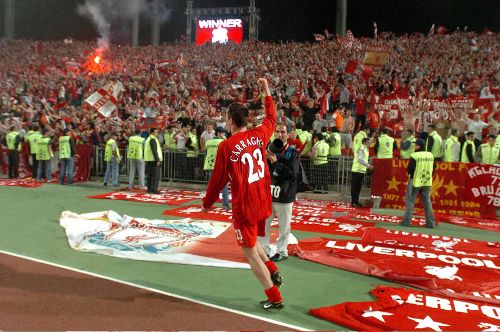 PIC BY COLIN LANE&lt;br /&gt; LPOOL EURO CHAMPS...&amp; JAMIE CARRAGHER JUBILANT