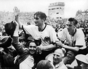 Friedrich &#039;Fritz&#039; Walter with the 1954 Jules Rimet Cup on 4th of July, in Bern, Switzerland