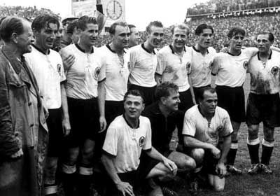 The 1954 World Cup winning West German side with coach Sepp Herberger (far left) and captain Fritz Walter beside him.