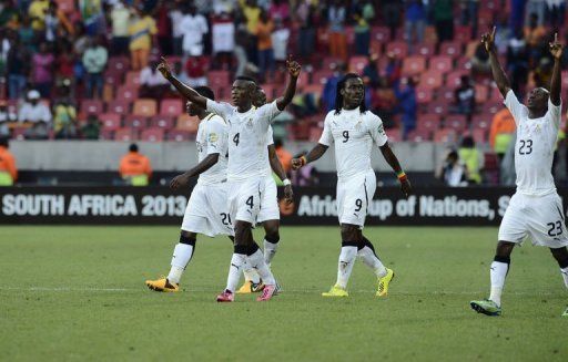 Ghana players celebrate their win in the African Cup of Nations quarter final against Cape Verde, on February 2, 2013