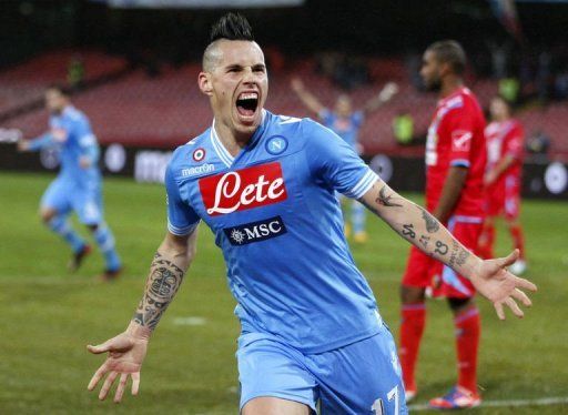 Napoli&#039;s Slovak forward Marek Hamsik celebrates after scoring on February 2, 2013, in Naples