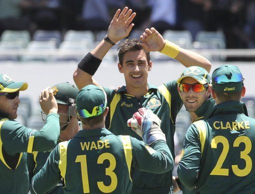 Australia&#039;s Mitchell Starc (centre) at the one-day international against the West Indies, WACA ground, February 1, 2013