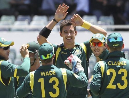 Australia's Mitchell Starc (centre) at the one-day international against the West Indies, WACA ground, February 1, 2013