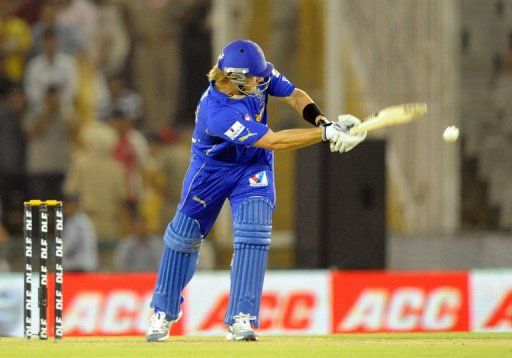 Shane Warne plays for Rajasthan Royals in an IPL Twenty20 cricket game in Mohali on May 5, 2012