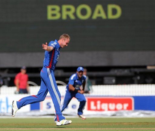 Stuart Broad celebrates his hat-trick with the wicket of New Zealand&#039;s Matthew Henry on February 5, 2013