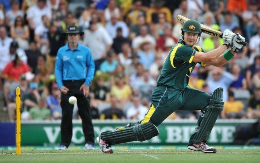 Australia&#039;s Shane Watson bats against the West Indies in the third ODI in Canberra on February 6, 2013