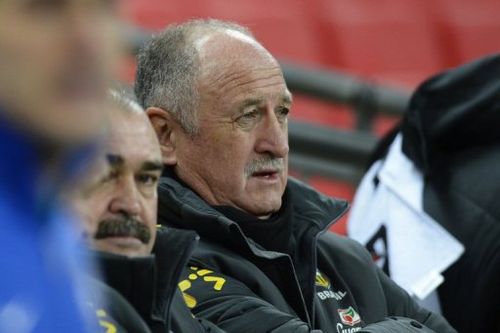 Brazil manager Luiz Felipe Scolari watches his side against England at Wembley Stadium on February 6, 2013