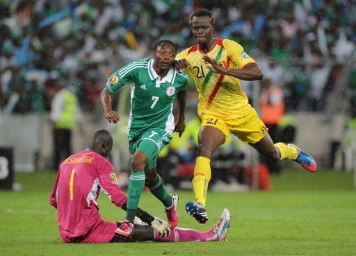 Nigeria forward Ahmed Musa scores during the Africa Cup of Nations semi-final against Mali on February 6, 2013