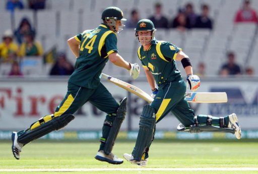 Australian batsmen Adam Voges (left) and Brad Haddin at the Melbourne Cricket Ground on February 10, 2013.