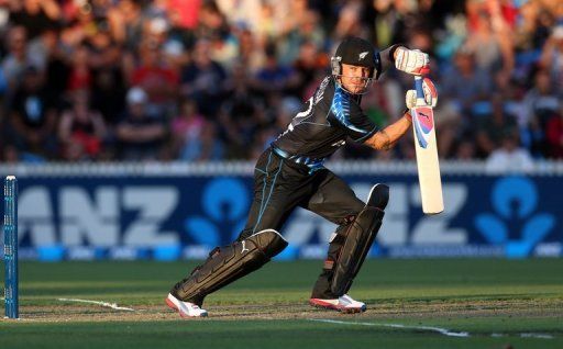 New Zealand&#039;s Brendon McCullum hits a shot during their second T20 international against England on February 12, 2013