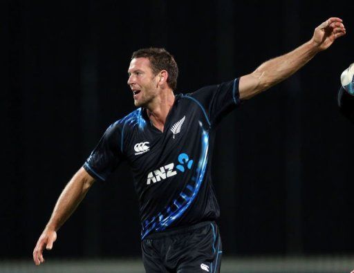 New Zealand&#039;s Ian Butler celebrates the wicket of England&#039;s Jonny Bairstow at Snedden Park, Hamilton, Febuary 12, 2013