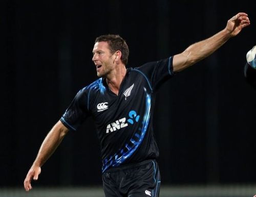 New Zealand's Ian Butler celebrates the wicket of England's Jonny Bairstow at Snedden Park, Hamilton, Febuary 12, 2013