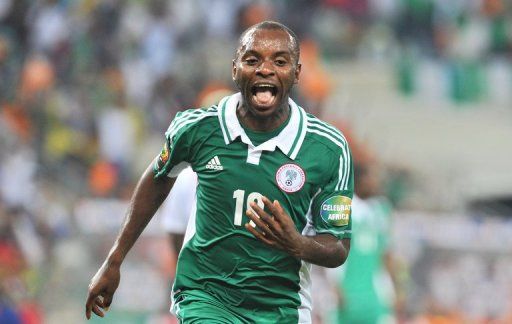 Nigeria&#039;s Sunday Mba celebrates after scoring against Burkina Faso in the African Cup of Nations final on February 10